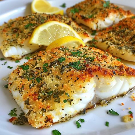 🍋 Delight in the crunchy Lemon Herb Panko Crusted Fish! 🐟✨ #PankoCrustedFish #HerbFlavors Lemon Herb Panko Crusted Fish Ingredients: White fish fillets (1 lb) Lemon zest (1 tbsp) Fresh parsley, chopped (2 tbsp) Fresh thyme, chopped (1 tbsp) Panko breadcrumbs (1 cup) Parmesan cheese, grated (1/4 cup) Flour (1/2 cup) Eggs, beaten (2) Olive oil (for frying) Salt and pepper (to taste) Instructions: Season fish fillets with salt, pepper, lemon zest, parsley, and thyme. Dredge fillets in flour,... Panko Crusted Fish, Fish Filet, Crusted Fish, Fry Fish, Healthy Aesthetic, White Fish Recipes, Fish Fillets, Instagram Recipes, Twisted Recipes