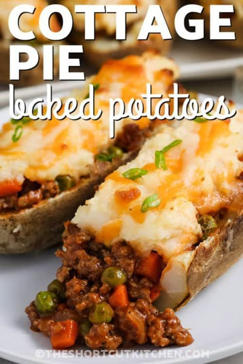 Indulge in the goodness of cottage pie baked potatoes - a heavenly fusion of twice baked potatoes and shepherd’s pie! Stuffed with a savory ground beef hamburger filling, your veggie pick, and topped with cheesy mashed potatoes, these baked potato wonders are easy and delicious. A hearty twist on twice baked potatoes that's sure to please! #theshortkcutkitchen #cottagepiebakedpotatoes #cottagepiestuffedbakedpotatoes #cottagepietwicebakedpotatoesrecipe Shepherds Pie Twice Baked Potatoes, Comfort Food Made Healthy, Baked Potato Shepherd's Pie, Cottage Pie Baked Potatoes, Cottage Pie Baked Potato, Stuffed Mashed Potatoes, Cheesy Mashed Potatoes, Ground Meat Recipes, Potato Recipes Side Dishes