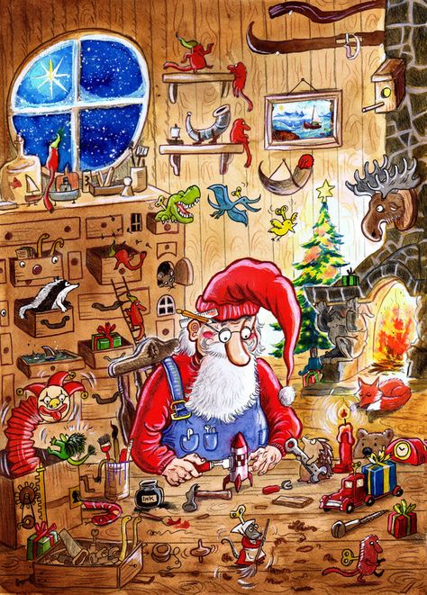 Santa's Workshop Illustration, Santa Claus House, Christmas Magazine, Toy Workshop, Xmas Pictures, Santa Art, Santa's Workshop, Cover Illustration, Jolly Holiday