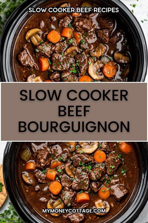 Indulge in the rich, classic flavors of Slow Cooker Beef Bourguignon! This French-inspired dish features tender beef, hearty vegetables, and a luscious red wine sauce, all simmered to perfection in your slow cooker. Ideal for an elegant dinner or a cozy night in. Pin now and elevate your home cooking with this timeless recipe! #SlowCookerBeefBourguignon #BeefRecipes #ComfortFood #EasyMeals #DinnerIdeas #FrenchCuisine #SlowCookerBeefRecipes #CrockpotBeefRecipes #WeeknightDinners #SlowCookerMeals #SlowCookedBeef #CrockpotMeals Beef Bourguignon Slow Cooker, Slow Cooker Beef Bourguignon, Crockpot Dishes, Crockpot Beef, Crockpot Cooking, God Mat, Slow Cooker Meals, Crock Pot Slow Cooker, Slow Cooker Beef