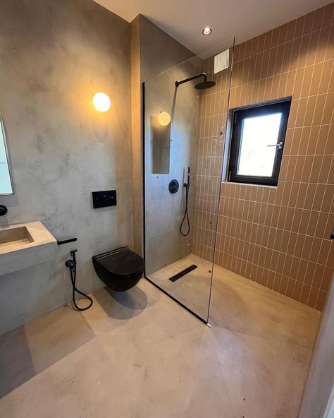 Microcement South East on Instagram: “MICROCEMENT | WETROOM Recently completed project in north London, microcement walls, floor and bespoke basin, combined with beautiful…” Microcement Bathroom With Tiles, Microcement Tiles Bathroom, Microcement Shower Floor, Microcement And Tiles Bathroom, Microcement And Tile Bathroom, Microcement Over Tiles, Microcement Wetroom, Microcement Bathroom, Microcement Walls