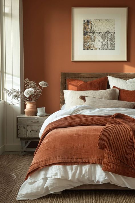 Discover 20+ ways to use terra cotta in your bedroom design, from stunning wall colors to cozy textiles and elegant curtains. Get inspired to create a beautiful space. Baked Terra Cotta Benjamin Moore, Teracotta Painting Bedroom, Orange Paint Colors For Bedroom, Terra Cotta Accent Wall Bedroom, Burnt Orange And Cream Bedroom, Small Bedroom Colour Ideas, Terra Cotta Accent Wall, Terracotta Bedroom Walls, Rust Accent Wall