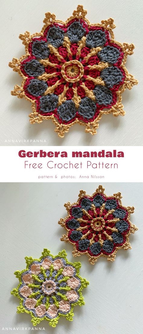 Explore Your Crochet's free patterns blog and discover inspiring ideas to ignite your creativity. Read our post, 'Gerbera Flower Project Free Crochet Patterns'..#crochetcoaster #handmadecoaster #crochetlove #coasteraddict #crochetfun Boho Granny Square Pattern Free, Granny Square Mandala, Free Crochet Motif Patterns, Granny Circle Crochet Pattern, Mandala Crochet Free Pattern, Granny Circle Crochet, Flower Crochet Coaster, Free Mandala Crochet Patterns, Mandala Crochet