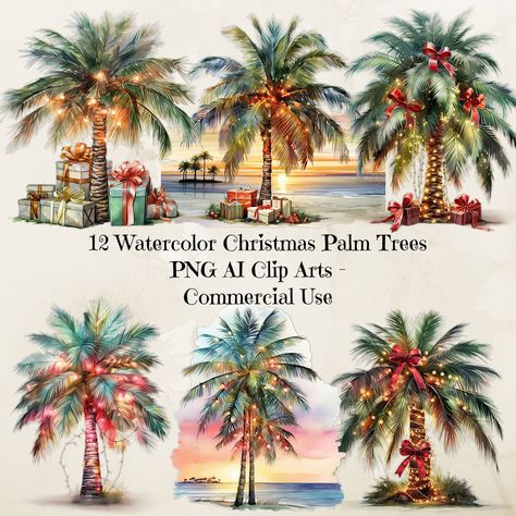 Add a touch of tropical charm to your holiday projects with our set of 12 watercolor Christmas palm tree cliparts! Each clipart features a beautiful watercolor palm tree adorned with festive decorations like twinkling lights, ornaments, and bows. Perfect for DIY Christmas cards, invitations, scrapbooking, and more, these high-quality cliparts bring a unique blend of beachy vibes and holiday cheer to your creations. Instantly download and start crafting your own tropical winter wonderland today! Palm Tree Christmas Lights, Christmas Lights Drawing, Palm Tree Clipart, Tropical Xmas, Palm Tree Christmas, Palm Tree Png, Trees Clipart, Christmas Palm Tree, Trees Png