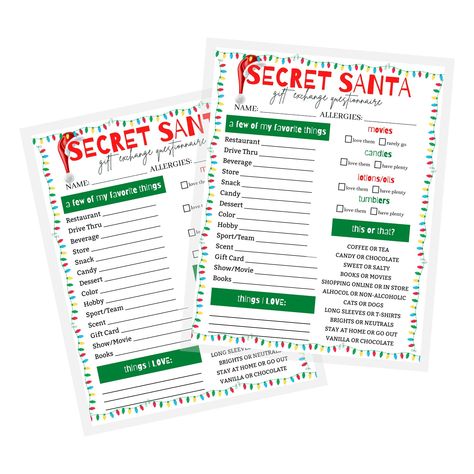 PRICES MAY VARY. Physical Printed 8.5x11" inches Standard Paper Size 50 Total Secret Santa Questionnaire Sheets We LOVE to see how you use your cards! Leave your pictures in the review! Secret Santa Questionnaire Sheets WHAT YOU'RE BUYING:  This listing includes physical printed forms that are printed on a regular thickness printer paper in the size of 8.5 x 11" forms that will be physically mailed to you with a tracking number! These are printed front and back with Secret Santa Questionnaire Sh Christmas Gift Questionnaire, Christmas Questionnaire, Gift Exchange Questions, Games For Christmas Party, Secret Santa Form, Work Christmas Party Ideas, Alcohol Candy, Games For Christmas, Holiday Cards Family