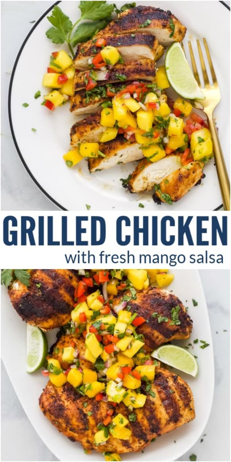 This easy Grilled Chicken With Mango Salsa is the tropical dish of your dreams. Tender chicken breasts are seasoned with a smoky, citrusy spice blend, then seared on the grill and covered in sweet and spicy mango salsa for the perfect dinner! #grilledchicken #easychickenrecipe #easydinnerideas #mango salsa Cilantro Lime Mango Chicken, Grilled Citrus Chicken With Mango Salsa, Chicken With Mango Salsa, Summer Grilled Chicken, Mango Chicken Recipes, Amazing Smoothies, Mexican Grilled Chicken, Chicken With Mango, Mango Salsa Chicken