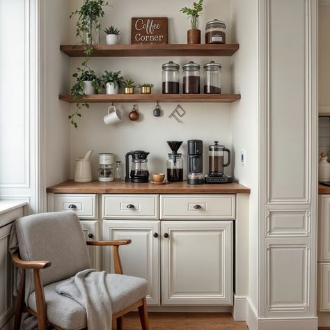 Transform your space into a cozy coffee nook where every morning feels like a coffee shop experience. This simple yet stylish setup has everything you need to brew the perfect cup at home. From a French press to a pour-over, it’s all about creating a personalized coffee ritual. Ready to design your own coffee corner? Share your setup with us! #CoffeeCorner #HomeBrewingSetup #CoffeeLovers #CozyVibes #MorningRitual #HomeCafe #coffeetime Pour Over Coffee Station, Cozy Coffee Nook, Coffee Setup, Homebrew Setup, Extra Kitchen Storage, Cupping At Home, Coffee Ritual, Coffee Nook, Cozy Coffee