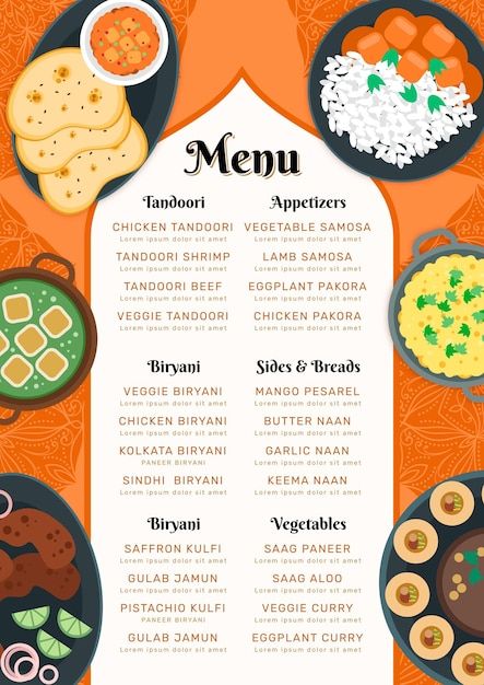 Vector flat oriental indian restaurant m... | Premium Vector #Freepik #vector #indian-menu #menu-design #lunch-menu #menu-restaurante Indian Menu Design, Catering Menu Design, Indian Food Menu, Restaurant Menu Card, Restaurant Indian, Healthy Restaurant Food, Cafe Menu Design, Malai Kofta, Menu Card Design