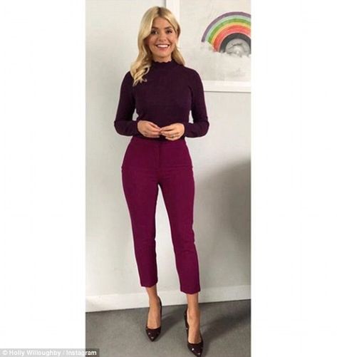 Amazing: Holly Willoughby, 36, wowed as she showed off her slimmed down figure in a maroon-coloured top and purple ankle-grazing trousers on Instagram on Wednesday Skirt Outfits Dressy, Holly Willoughby Style, Work Attire Women, Lean Legs, Outfits Dressy, Holly Willoughby, Tuxedo Dress, Oasis Fashion, Stylish Work Outfits