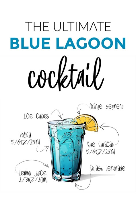 How to make a blue lagoon cocktail. This blue cocktail drink tastes amazing and looks just like the ocean. It is such an easy drink to make too and looks so cool at a party Alcholic Drink Aesthetic Blue, Cocktail Drinks For Party, Nautical Drinks Cocktails, Ocean Drinks Alcohol, Teal Colored Cocktails, Simple Blue Cocktails, Blue Amalfi Drink, How To Make Blue Lagoon Drink, Blue Signature Cocktails