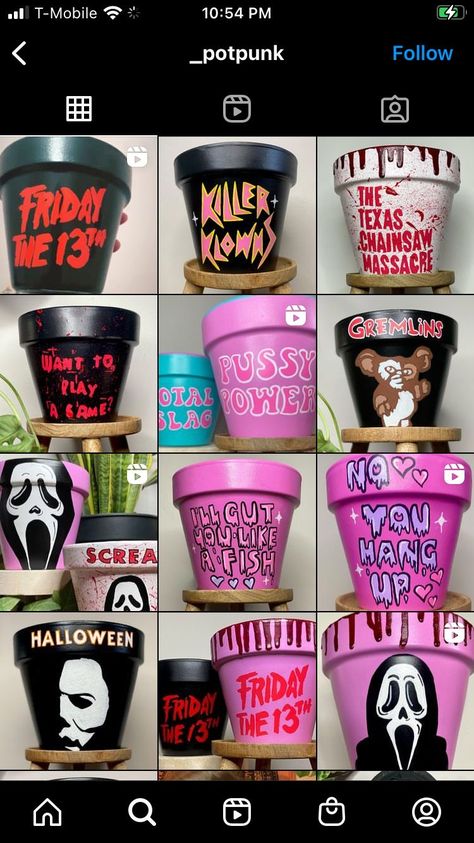 Diy Clay Plant Pots Aesthetic, Things To Paint On Flower Pots, Halloween Plant Pot Ideas, Horror Plant Pots, Goth Plant Pots, Spooky Plant Pot, Horror Flower Pots, Painting Pots Ideas Aesthetic, Aesthetic Plant Pots