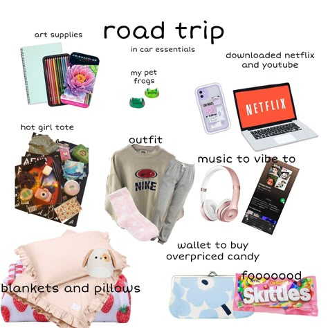 Trip Supplies, Fun Things To Pack For A Road Trip, Thing To Pack For Road Trip, What To Put In Your Bag For A Road Trip, Trip Packing, What To Pack For A Road Trip Teens List, Road Trip Essentials For Teens Girls Car, Road Trip Necessities, Trip Essentials Packing Lists