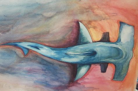 Watercolor great hammerhead shark painting Hammer Head Shark Painting, Hammerhead Painting, Hammerhead Shark Painting Acrylic, Hammerhead Shark Painting, Shark Painting, Shark Drawing, Shark Art, Animal Sketches, Blue Watercolor