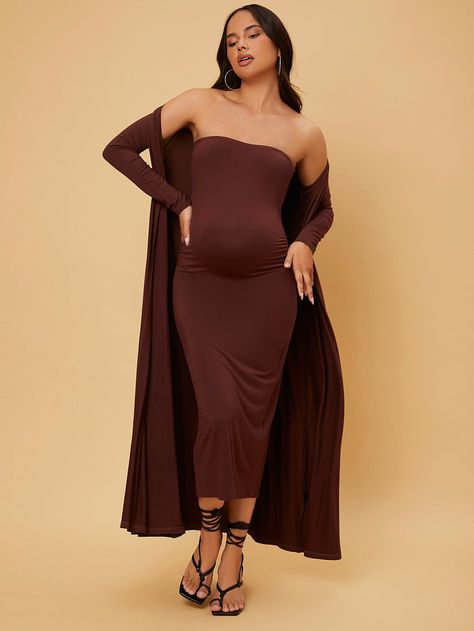 SHEIN Maternity Solid Tube Bodycon Dress & Open Front Coat Brown Maternity Dress, Vestidos Para Baby Shower, Comfortable Work Clothes, Tube Bodycon Dress, Maternity Two Piece, Womens Casual Suits, Maternity Work Wear, Fall Maternity Outfits, Maternity Dress Outfits