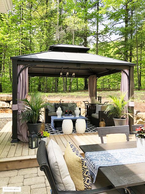 Back Deck Gazebo Decorating Ideas, Gazebo Storage Ideas, Decorating Outdoor Gazebo, Styling A Gazebo, Gazebo Styling Ideas, Backyard Patio Gazebo, 10x10 Gazebo Decorating Ideas, Deck Gazebo Decorating Ideas, Outdoor Gazebo Decorating Ideas