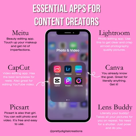 You really can’t go wrong with any of these apps. #contentcreator #editingapps #influencer App For Youtubers, Apps For Influencers, Apps For Youtube Editing, Content Creator Apps, Beginner Content Creator, Influencer Apps, Influencer Essentials, Beauty Influencer Aesthetic, Editing Apps For Youtube