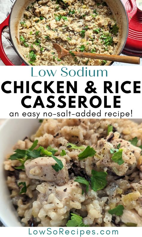 Low Sodium Chicken and Rice Casserole Recipe - Low So Recipes Low Sodium Chicken And Rice, Easy Dinner With Chicken Breast, Easy Dinner With Chicken, Dinner With Chicken Breast, Chicken Casserole With Rice, Sodium Free Recipes, Easy Low Sodium Recipes, Casserole With Rice, Chicken And Rice Casserole Recipe