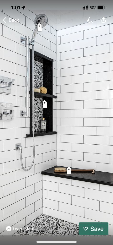 White Tiles Black Grout, Black Subway Tiles, Tile Walls, Black Grout, Subway Tiles Bathroom, Transitional Bathroom, Bath Tiles, White Bath, White Subway Tile