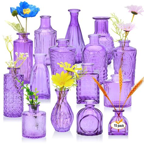 PRICES MAY VARY. Versatile Floral Displays:These 15 glass bud vases suitbale for showcasing a wide range of floral arrangements,from single stems to lush bouquets,these small vases are ideal for creating eye-catching floral arrangements and centerpieces,enhancing any space with natural beauty. Durable Glass Construction-These vases are made of high-quality glass materials with a solid and sturdy construction that is both beauty and durability,and can withstand the weight of floral arrangements w Mason Jar Floral Centerpieces, Purple Floral Arrangements Centerpieces, Shades Of Purple Centerpieces, Tangled Centerpiece Ideas, Lilac And Sage Wedding Centerpieces, Light Purple Flower Centerpieces, Purple And Blue Flowers Wedding Centerpieces, Purple Theme Center Pieces, Small Purple Flower Centerpieces