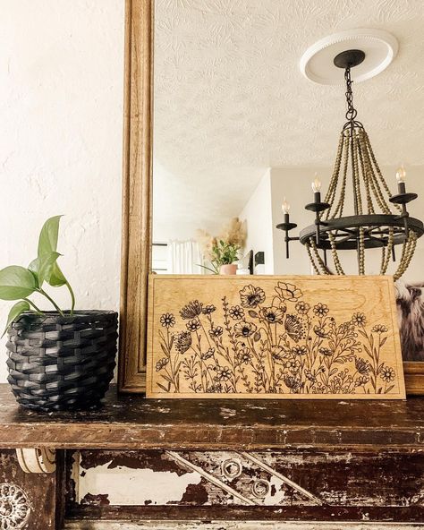 Crow & Oak Home | DIY & Decor on Instagram: “Spring is in full bloom 🪴 Some exciting things coming to our shop this week, stay tuned. Hint: 🌱🌻🪴” Engraved Wood Signs, Entryway Signs, Floral Signs, Engraved Sign, Laser Engraved Wood, Home Diy Decor, Fall Signs, Wood Engraving, Engraved Wood