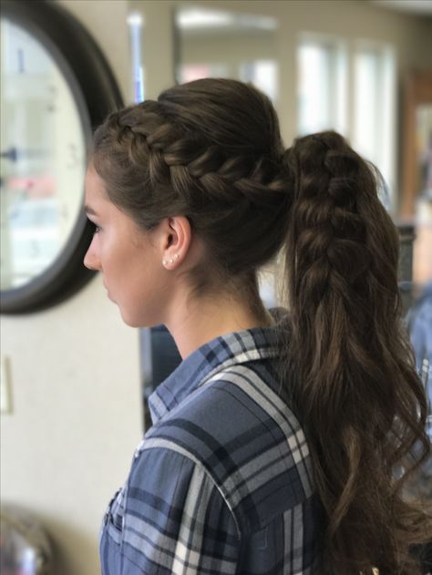 Braid To High Ponytail, High Ponytail Hairstyles With Braids, Hairstyles Fishtail Braid, Braided High Ponytail, Nikkah Hair, Curled High Ponytail, Hairstyles Fishtail, Recital Hair, High Ponytail Braid