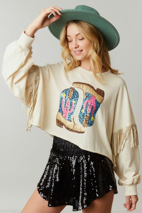 Rodeo Glam Sequined Crop Sweatshirt | Gypsy & James Boutique Sequin Cowboy Boots, Fringe Sweatshirt, Nashville Outfit, Western Sweatshirts, Texas Fashion, Sequined Sweatshirt, Boot Barn, Nashville Outfits, Sequin Rompers