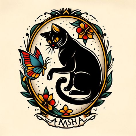 American Style Cat Tattoo, Old School Black Cat Tattoo, Old Tattoo Style, Cool Tattoos Traditional, Black Cat Flowers Tattoo, Trad Tattoos Flash, Black Cat With Flowers Tattoo, Stylized Cat Tattoo, American Traditional Big Cat Tattoo