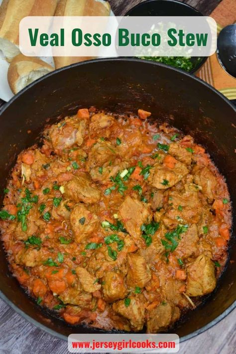 A pot of veal osso buco stew. Veal Chunks Recipe, Veal Stew Recipes Slow Cooker, Veal Stew Meat Recipes, Veal Stew Recipes, Veal Osso Bucco Recipe, Easy Veal Recipes, Osso Bucco Recipe, Stew Dinner, Veal Stew