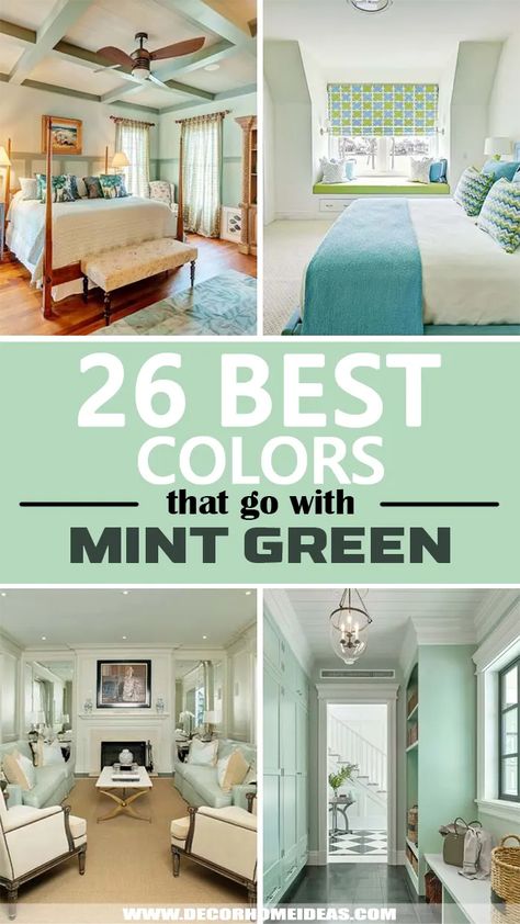 Best Colors That Go With Mint Green. Ever wondered what colors go well with mint green? We have made the perfect selection of colors matching great with mint green for each room - bedroom, living room, bathroom, entryway, and more. #decorhomeideas Mint Green And Gold Bedroom, Mint Green And Gray Bathroom, Grey And Mint Green Bedroom Ideas, Mint Colored Bedroom, Mint Green And Sage Green, Mint Green Living Room Ideas Modern, Mint Furniture Living Room, Mint Green Master Room, Gray And Mint Living Room