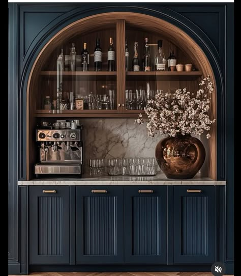 Blue Bar Cabinet, Butler Pantry Design, Dark Blue Bar, Bar Cabinet Design, Bar Nook, Home Bar Rooms, Built In Bar, Blue Bar, Home Bar Designs