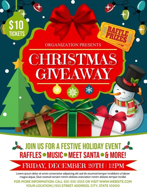 christmas giveaway event flyer, christmas raffle event flyer template, christmas holiday events, christmas gift giveaway, christmas flyers. Giveaway Design, Christmas Raffle, Raffle Flyer, Giveaway Flyer, Pta Ideas, Christmas Giveaway, Meet Santa, Template Christmas, Christmas Flyer