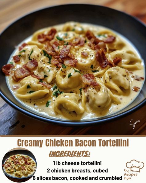 Creamy Chicken Bacon Tortellini Creamy Bacon Tortellini, Bacon Alfredo Tortellini, Chicken Bacon Tortellini Recipes, Chicken Bacon Ranch Tortellini Crockpot, Costco Cheese Tortellini Recipes, Chicken Tortellini Dinner Recipes, One Pot Chicken Tortellini, What To Do With Tortellini, Chicken Cheese Tortellini Recipes