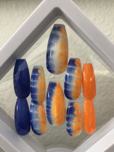 Excited to share this item from my #etsy shop: Blue and orange tie dyed press on nails Orange Tie Dye Nails, Purple Blue And Orange Nails, Electric Blue And Orange Nails, Navy Blue Orange Nails, Navy Blue And Orange Nails, Bluey Inspired Nails, Turquoise And Orange Nails, Orange And Blue Nails Design, Navy And Orange Nails