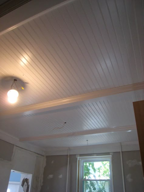 basement ceiling idea. remove drop ceiling, paint beams white and put up bead board panels between beams. Remove Drop Ceiling, Vinyl Beadboard, Painted Beams, Ceiling Paint, Basement Inspiration, Beadboard Ceiling, Drop Ceiling, Basement Makeover, Basement Ceiling