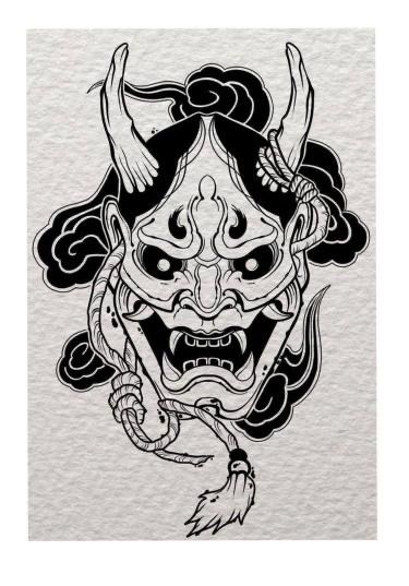 Japanese Tattoo Art Oni, Hanya Mask Tattoo Traditional, Traditional Hannya Mask Tattoo, Oni Mask Tattoo Design Ideas, Hanya Mask Tattoo, Samurai Mask Tattoo, Japanese Mask Tattoo, Tato Tradisional, Oni Tattoo