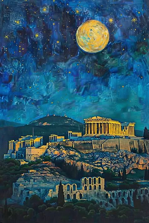 The painting is of the Parthenon in Athens, Greece. It is night and the sky is full of stars ->> more details in ai-img-gen.com Parthenon Painting, Parthenon Drawing, Twilight Art, Greece Painting, The Parthenon, Famous Cities, City Drawing, Gcse Art, Realistic Paintings