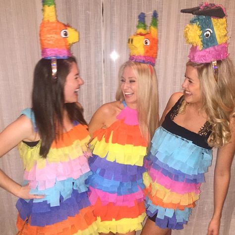 Image may contain: 3 people Mexican Theme Party Costume, Mexican Dress Up Party Costumes, Mexican Dress Up Costume Diy, Mexican Dress Up, Diy Pinata Costume, Piñata Costume, Pinata Halloween Costume, Pinata Costume, Mexican Halloween Costume