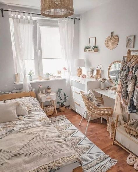 Boho Bedroom With Vanity, Urban Minimalist Boho Bedroom, Modern Boho Vanity, Boho Makeup Room, Boho Vanity Ideas, Boho Makeup Vanity, Boho Workspace, Boho Office Space Workspaces, Vanity Boho