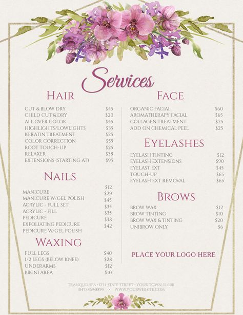 Salon Services Menu Ideas, Facial Business, Esthetician Ideas, Salon Price List, Menue Design, Spa Menu, Esthetician Marketing, Custom Menu, Eyelash Tinting