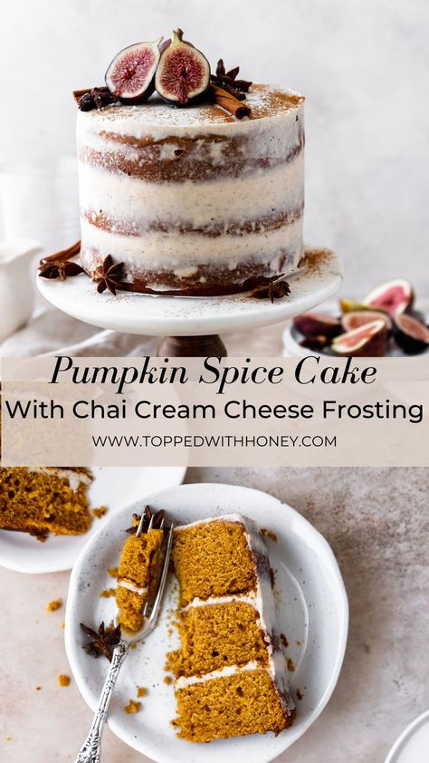 Moist pumpkin cake recipe with chai cream cheese frosting. This is such a perfect fall dessert that's perfect to feed a small crowd! Chai Cream Cheese Frosting, Chai Pumpkin Cake, Pumpkin Chai Cake, Mini Fall Cakes, Pumpkin Frosting, Winter Cake Recipes, Fall Cake Flavors, Fall Birthday Cake, Small Birthday Cake