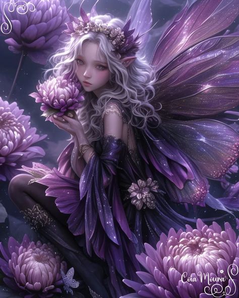 Magical Fairy, Purple Fairy, Purple Aesthetic Fairy, Fairy Realm Fantasy Art, Purple Faerie Aesthetic, Purple Haired Fairy, Butterfly Faerie, Fae Art, Summer Fairy