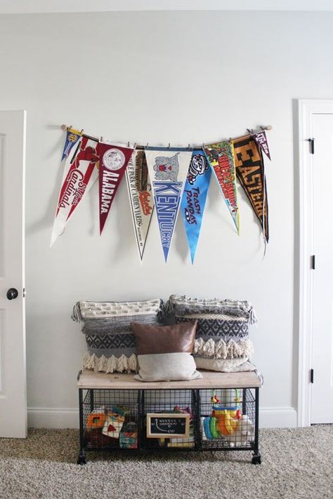 Nursery Ideas Football, Vintage Sports Bathroom, Vintage Football Decor, Vintage Pennants Display, Retro Sports Nursery, Vintage Football Bedroom, Vintage Basketball Nursery, Vintage Americana Nursery, Vintage Football Nursery