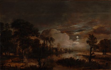 Moonlit Landscape with a View of the New Amstel River and Castle Kostverloren; Aert van der Neer (Dutch, 1603/1604 - 1677); 1647; Oil on panel; 57.5 × 89.9 cm (22 5/8 × 35 3/8 in.); 2000.27; J. Paul Getty Museum, Los Angeles, California Old Painting Wallpaper Desktop, Ethereal Art Horizontal, Brown Wallpaper Horizontal, Brown Aesthetic Background Laptop, Autumn Background Desktop, Golden Age Painting, Moonlit Landscape, Keyboard Theme, Google Art Project