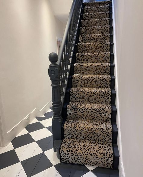 Leopard Print Stair Carpet, Cheetah Print Stair Runner, Leopard Print Stairs, Leopard Print Carpet On Stairs, Leopard Stair Runner, Leopard Print Stair Runner, Leopard Stairs, Stairwell Inspiration, Maximalist House