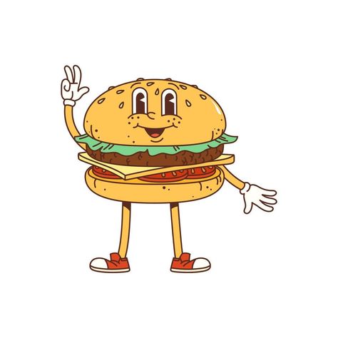 Cartoon groovy burger isolated fast food character Burger Character Design, Food Character, Burger Icon, Burger Cartoon, The Cartoon, Freelance Work, Food Inspo, Logo Banners, Heart With Arrow