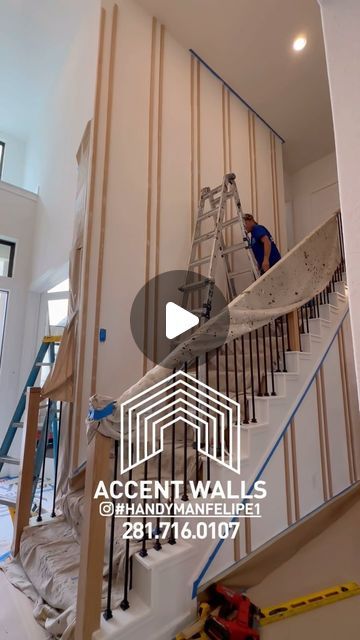 Felipe Romero on Instagram: "Love this project 🤍🤍🤍 color SW-Snow Bound" Accent Wall Staircase, Staircase Accent Wall, Elnaz Golrokh, Stairwell Accent Wall, Staircase Molding, Staircase Wall Decor, Staircase Wall, Trim Work, Home Addition