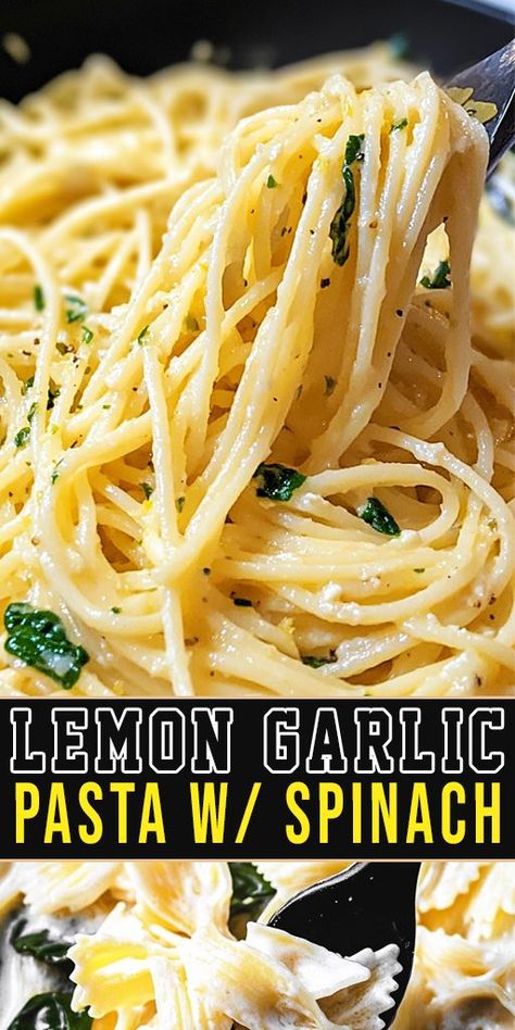 This Lemon Garlic Pasta with Spinach is a light and refreshing dish you’ll love! 🍝🍋 Perfect for summer dinners or a simple, nutritious meal. Ready in just 20 minutes! ⏱️ #QuickPastaRecipes #SpinachLovers #HealthyPasta #SimpleMeals Creamy Lemon-garlic Spaghetti & Spinach, Creamy Garlic Pasta With Greens, Pasta And Spinach Recipes, Healthy Spinach Pasta, Light Meal Ideas, Lemon Spinach Pasta, Light Easy Dinner, Ditalini Pasta Recipes, Alfredo Pasta Recipes Easy