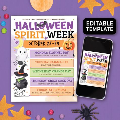 This Halloween themed Spirit Week Flyer is the perfect way to announce your upcoming spirit week.  Just imagine the excitement and eagerness to join in when everyone sees this fun flyer! It features beautiful watercolor images and bright, cheerful colors.  There's plenty of room to include all the details of your Halloween Spirit Week.   This flyer is a DIGITAL TEMPLATE.  ALL of the text is easily editable in your web browser. There is NO NEED to download and learn any new software.  You can EASILY replace any of the text with your own.  CUSTOMIZE it to fit your group's needs.   Download and PRINT as many copies as you need or download and SEND IT ELECTRONICALLY by email, text or social media.      Please note: this is a digital file, NOTHING will be mailed to you.    Thank you so much for Halloween Spirit Week Ideas For School, Preschool Halloween Spirit Week, Spirit Week October, Halloween Spirit Week Ideas For Work, Movie Monday Spirit Week, Spirit Week Flyer, Halloween Spirit Week Ideas, Spirit Week Flyer Template, School Spirit Week