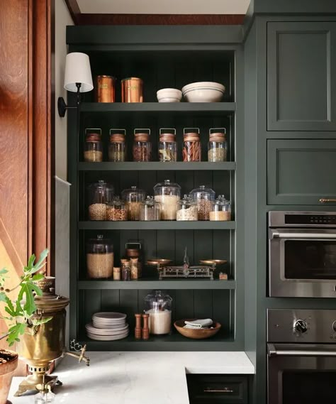 Joanna Gaines' Castle kitchen cabinet color scheme defies paint trends | Joanna Gaines Kitchen, Montana Kitchen, Castle Kitchens, Moody Kitchen, Dark Green Kitchen, Moody Home, Paint Trends, Kitchen 2023, Kitchen Green