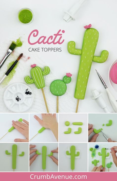 Cactus Icing Tutorial, Cactus Fondant Tutorial, Diy Cactus Cupcakes, Buttercream Cactus, Fondant Cactus, Cactus Cupcake Toppers, Sugarpaste Cake, Alpaca Cake, Cakes For Kids